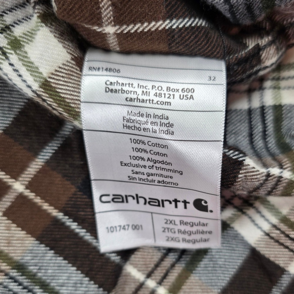 Carhartt Mens 2XL Relaxed Fit Brown Black Plaid Flannel Shirt Long Sleeve Pocket - Picture 8 of 9
